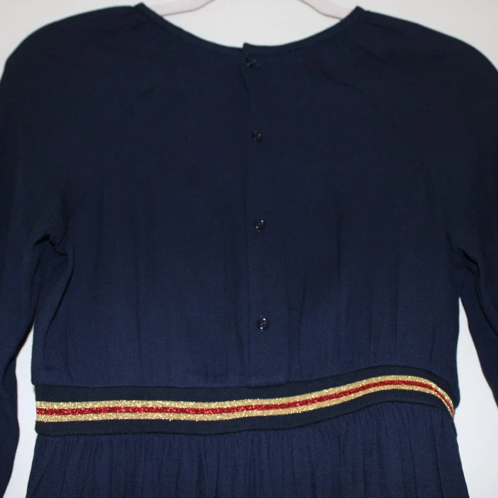 NWT Bonpoint Girl's Julie Dress Long Sleeve Navy Wool Viscose Red Gold Stripe 12